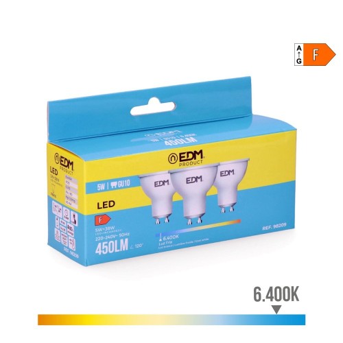 Bombilla Dicroica LED GU10 5W 6400K Luz Fría Pack 3 EDM