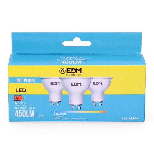 Bombilla Dicroica LED GU10 5W 6400K Luz Fría Pack 3 EDM