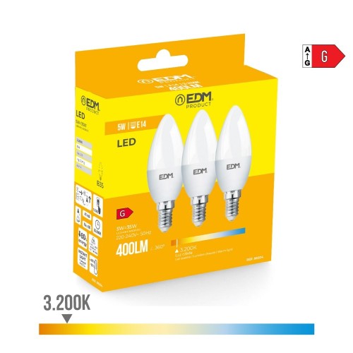 Bombilla Vela LED E14 5W 400lm 3200K Luz Cálida Pack 3 EDM