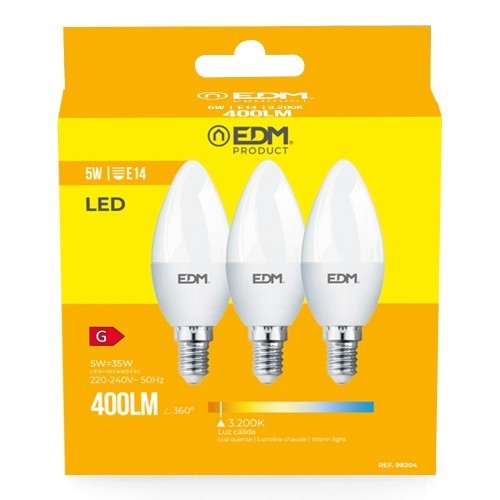 Bombilla Vela LED E14 5W 400lm 3200K Luz Cálida Pack 3 EDM Bombilla Vela LED E14 5W 400lm 3200K Luz Cálida Pack 3 EDM