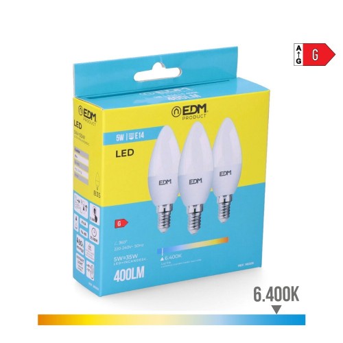 Bombilla Vela LED E14 5W 400lm 6400K Luz Fría Pack 3 EDM