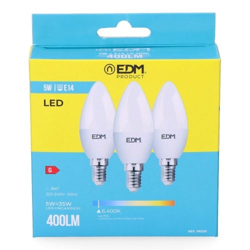 Bombilla Vela LED E14 5W 400lm 6400K Luz Fría Pack 3 EDM Bombilla Vela LED E14 5W 400lm 6400K Luz Fría Pack 3 EDM