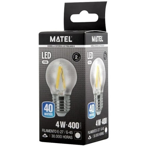 Bombilla LED filamento esférica clara E27 4W (Fría, Cálida) - 2 Bombilla LED filamento esférica clara E27 4W (Fría, Cálida) - 2