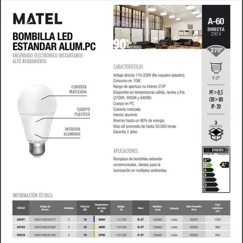 Bombilla LED estándar 3und.E27 10W.(Fría, Cálida, Neutra) - 7