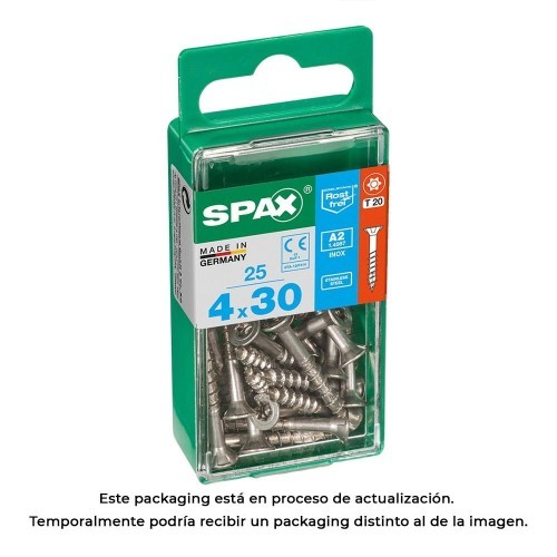 Tornillo Madera Acero Inoxidable A2 Rosca Parcial Cabeza Plana T-Star Plus T20 4Cut 4.0x30mm 25 Unidades SPAX