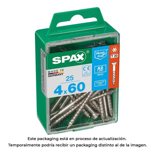 Tornillo Madera Acero Inoxidable A2 4.0x60mm Cabeza Plana T-Star Plus T20 25 Unidades SPAX