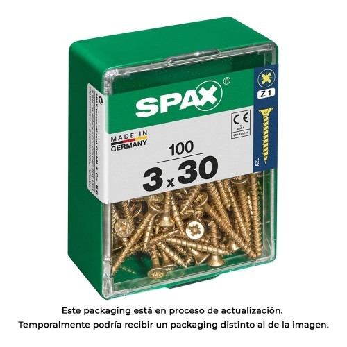 Tornillo Madera Rosca Completa Cabeza Plana Ranura Cruz Z1 Punta S 3x30mm Amarillo 100 Unidades SPAX