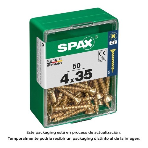 Tornillo Madera Acero 4x35mm Cabeza Plana Rosca Completa Ranura Cruz Z2 4Cut Amarillo Caja 50Unidades SPAX