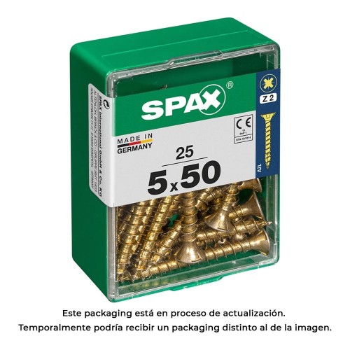 Tornillo Madera Rosca Completa 5x50mm Cabeza Plana Ranura Cruz Z2 4Cut Amarillo Caja 25 Unidades SPAX