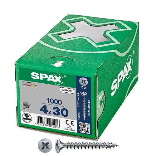 Tornillo Universal Acero 4X30MM Cabeza Plana Rosca Completa Cruz Z2 4Cut Caja 1000 Unidades SPAX