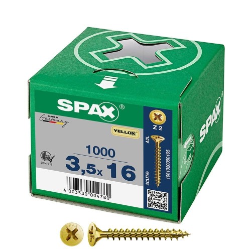 Tornillo Universal Acero 3.5X16MM Cabeza Plana Rosca Completa Ranura Cruz Z2 Yellox 1000 Unidades SPAX