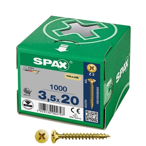 Tornillo Universal Acero 3.5x20mm Cabeza Plana Acabado Yellox Ranura Cruz Z2 Rollo 1000 Unidades SPAX