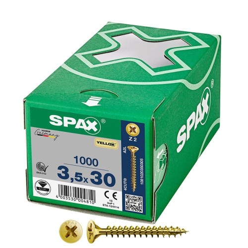 Tornillo Universal Cabeza Plana Acero 3.5x30mm Rosca Completa Ranura Cruz 1000 Unidades SPAX