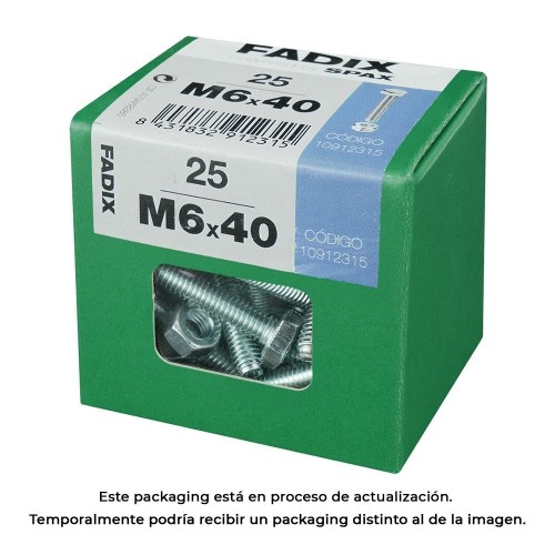 Tornillo Métrico Acero Zincado M6x40mm Cabeza Hexagonal Con Tuerca 25 Unidades FADIX
