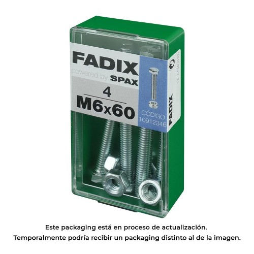 Tornillo Métrico Acero Cincado M6x60mm Cabeza Hexagonal Con Tuerca 4Unidades FADIX