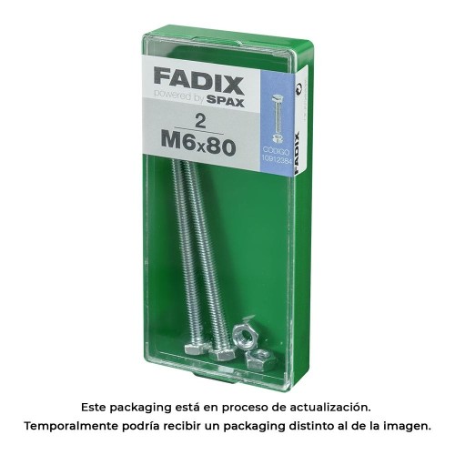 Tornillo Métrico Acero Zincado 6x80mm Cabeza Hexagonal Con Tuerca 2 Unidades FADIX