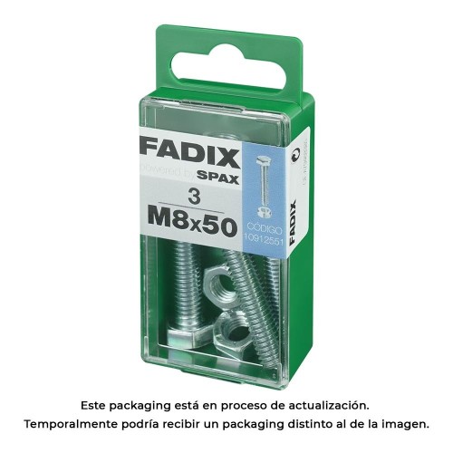 Tornillo Métrico Acero Cincado 8x50mm Cabeza Hexagonal Con Tuerca Caja 3 Unidades FADIX