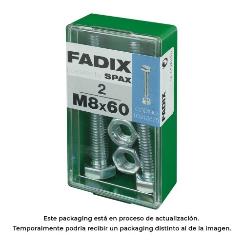 Tornillo Métrico Acero Zincado 8x60mm Cabeza Hexagonal Con Tuerca Caja 2 Unidades FADIX