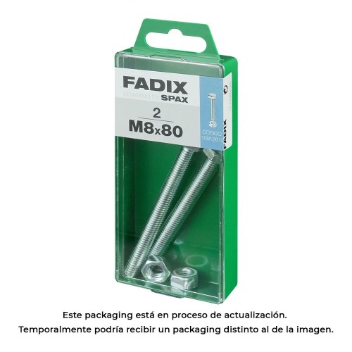 Tornillo Métrico Acero Zincado 8x80mm Cabeza Hexagonal Con Tuerca 2 Unidades FADIX