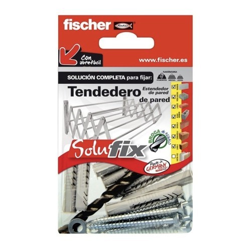 Kit Fijación Tendedero Pared Techo 4Tacos SX8x65mm 4Tornillos 6x70mm 4Arandelas M6 1Broca 8mm Fischer