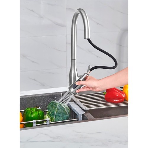 Grifo Cocina Monomando Acero Inox304 Caño Alto Ducha Extraíble Plateado VERHAL