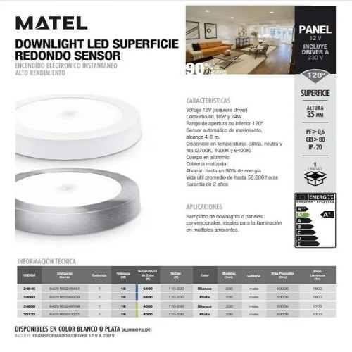 Downlight LED superficie redondo sensor plata 18W (fría, neutra) - 2 Downlight LED superficie redondo sensor plata 18W (fría, neutra) - 2