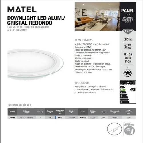 Downlight LED redondo cristal 24W.Fría - 2